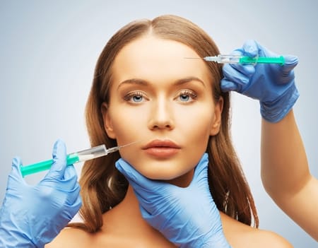 woman face and beautician hands