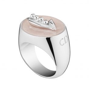 Lucky Dior 'Lily Of The Valley' pattern ring in metal with rhodium finish and pink quartz